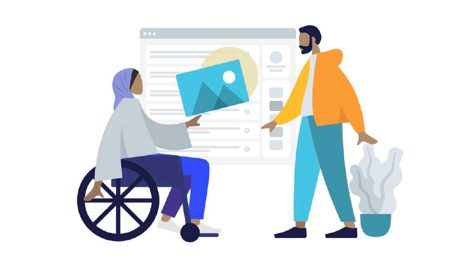 Drawing of two people with a browser window as a backdrop; one of them uses a wheelchair.